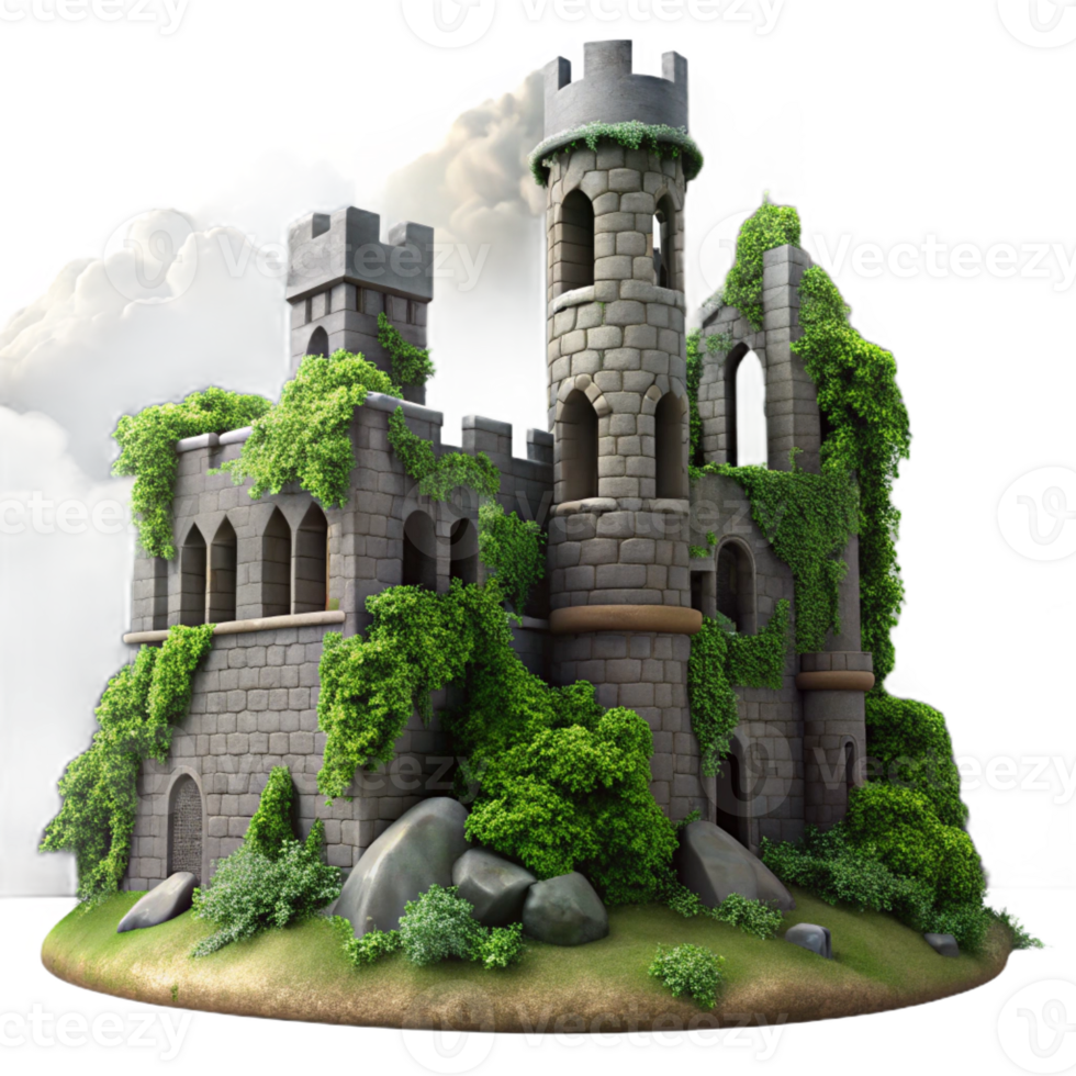 magnificent abstract Medieval castle ruins, overgrown with ivy, dramatic stormy sky, gothic atmosphere 4K png