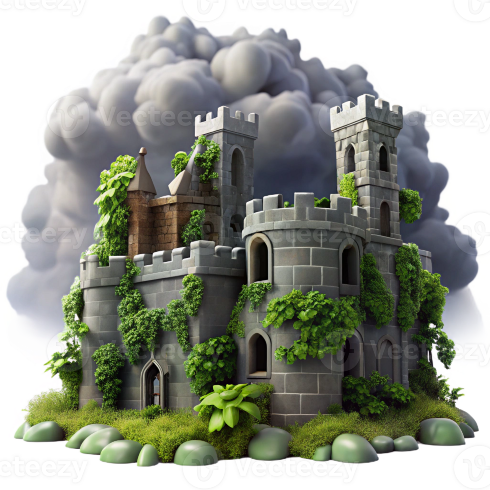 vibrant classic Medieval castle ruins, overgrown with ivy, dramatic stormy sky, gothic atmosphere premium png