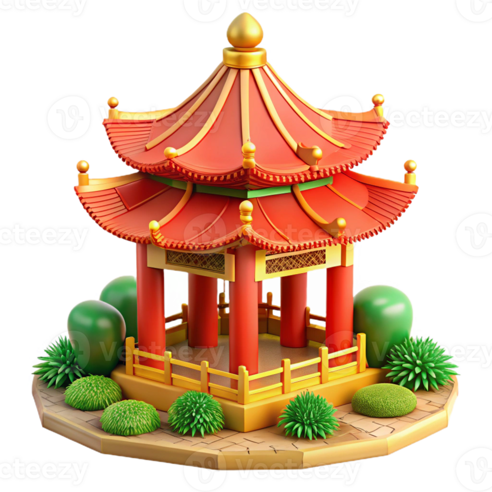 serene traditional Traditional Chinese pagoda, intricate red and gold details, surrounded by lush gardens, serene mood authentic png