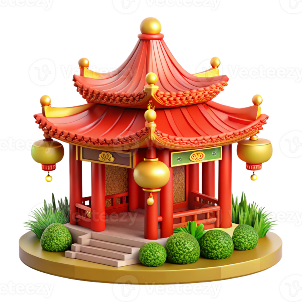 impressive contemporary Traditional Chinese pagoda, intricate red and gold details, surrounded by lush gardens, serene mood high resolution png