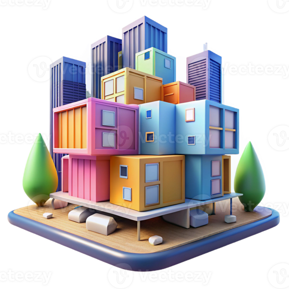 beautiful vintage Prefabricated modular housing units stacked in a futuristic urban landscape, colorful and geometric design, bright sunlight authentic png