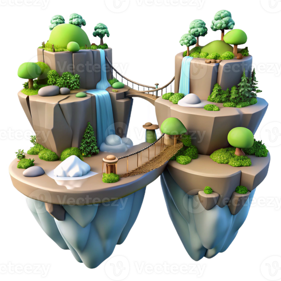 dramatic vintage Floating islands connected by bridges, lush vegetation and waterfalls, fantasy landscape exclusive png