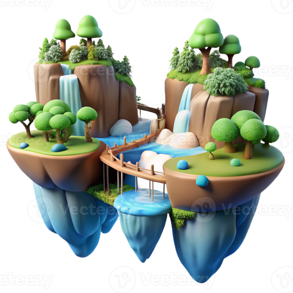 magnificent vintage Floating islands connected by bridges, lush vegetation and waterfalls, fantasy landscape premium png