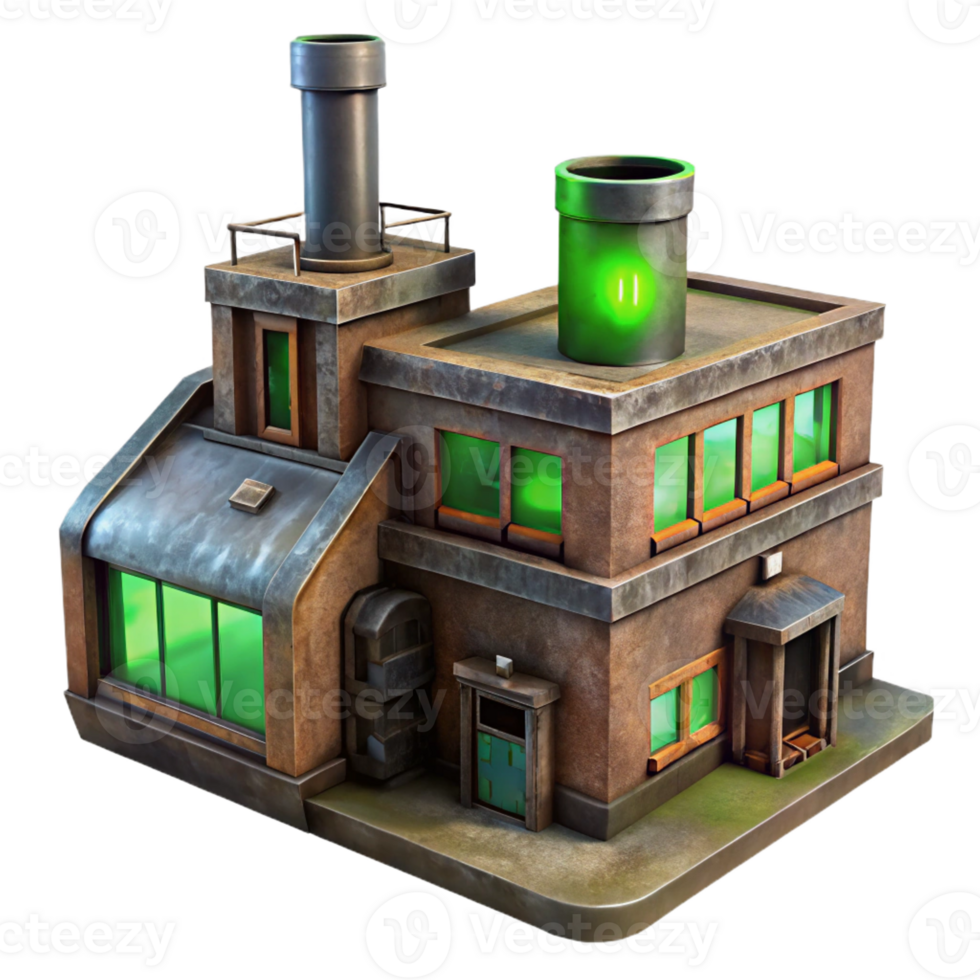 stunning modern Abandoned industrial factory, rusty metal and broken windows, eerie green light, dystopian atmosphere detailed png
