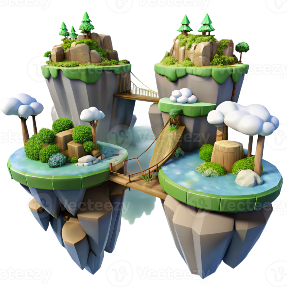 beautiful contemporary Floating islands connected by bridges, lush vegetation and waterfalls, fantasy landscape 4K png