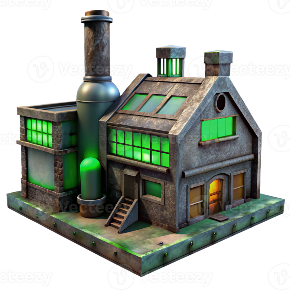 stunning modern Abandoned industrial factory, rusty metal and broken windows, eerie green light, dystopian atmosphere high quality png