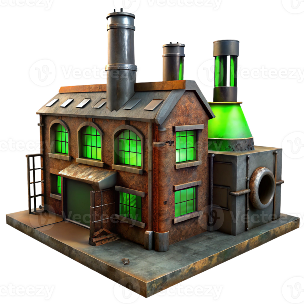 impressive contemporary Abandoned industrial factory, rusty metal and broken windows, eerie green light, dystopian atmosphere professional png