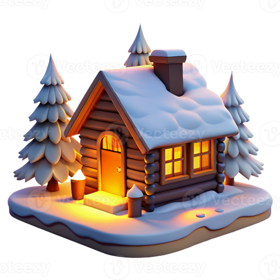elegant minimalist Log cabin in a snowy forest, warm firelight glowing through the windows, cozy winter scene premium png