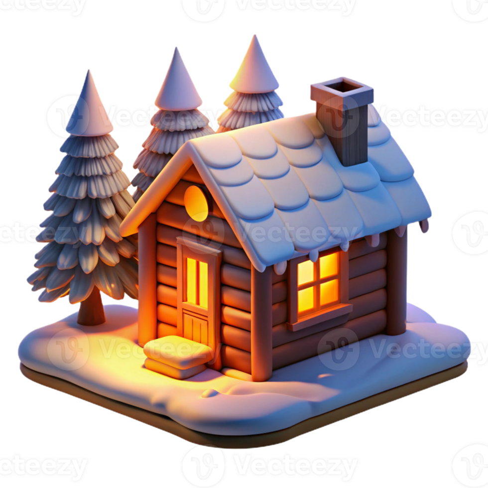 beautiful abstract Log cabin in a snowy forest, warm firelight glowing through the windows, cozy winter scene genuine png