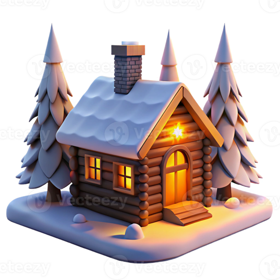 vibrant artistic Log cabin in a snowy forest, warm firelight glowing through the windows, cozy winter scene exclusive png