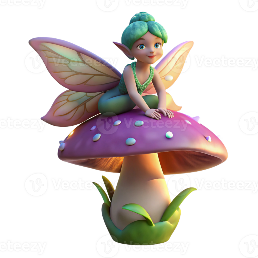 vibrant artistic A mischievous pixie with iridescent wings, perched on a giant, glowing mushroom. Soft, dappled forest light. Digital painting style high quality png
