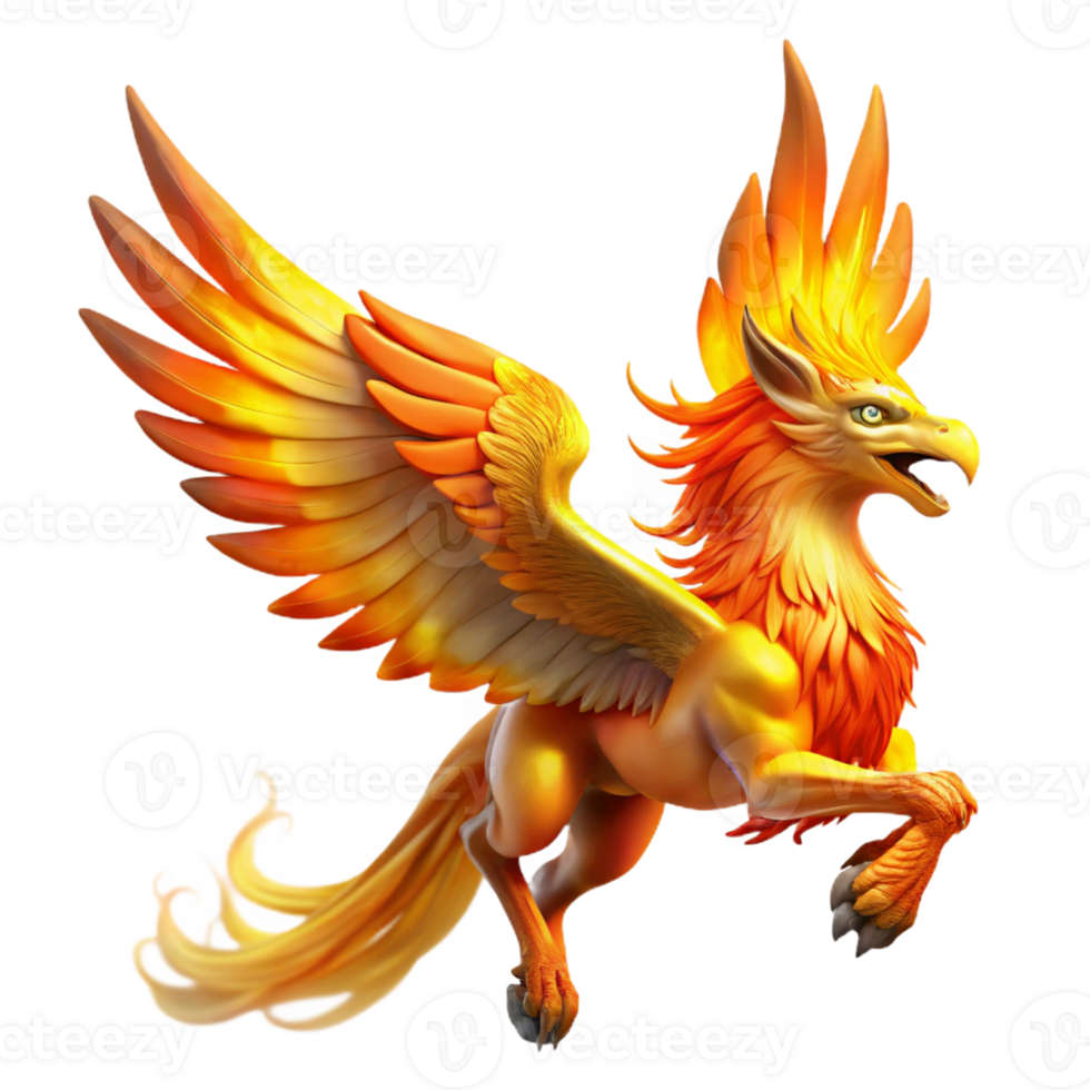 extraordinary traditional A majestic griffin with feathers of fiery orange and gold, soaring through a swirling nebula. Vivid, cosmic lighting. Fantasy art style detailed png