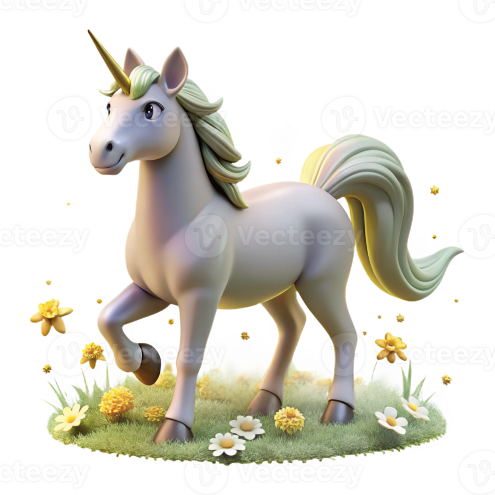 dramatic abstract A graceful unicorn with a silver coat and a golden horn, prancing in a field of glowing flowers. Soft, magical lighting. Dreamlike style detailed png