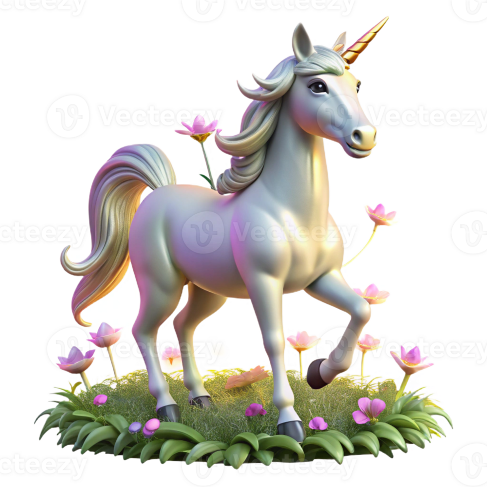 stunning artistic A graceful unicorn with a silver coat and a golden horn, prancing in a field of glowing flowers. Soft, magical lighting. Dreamlike style 4K png