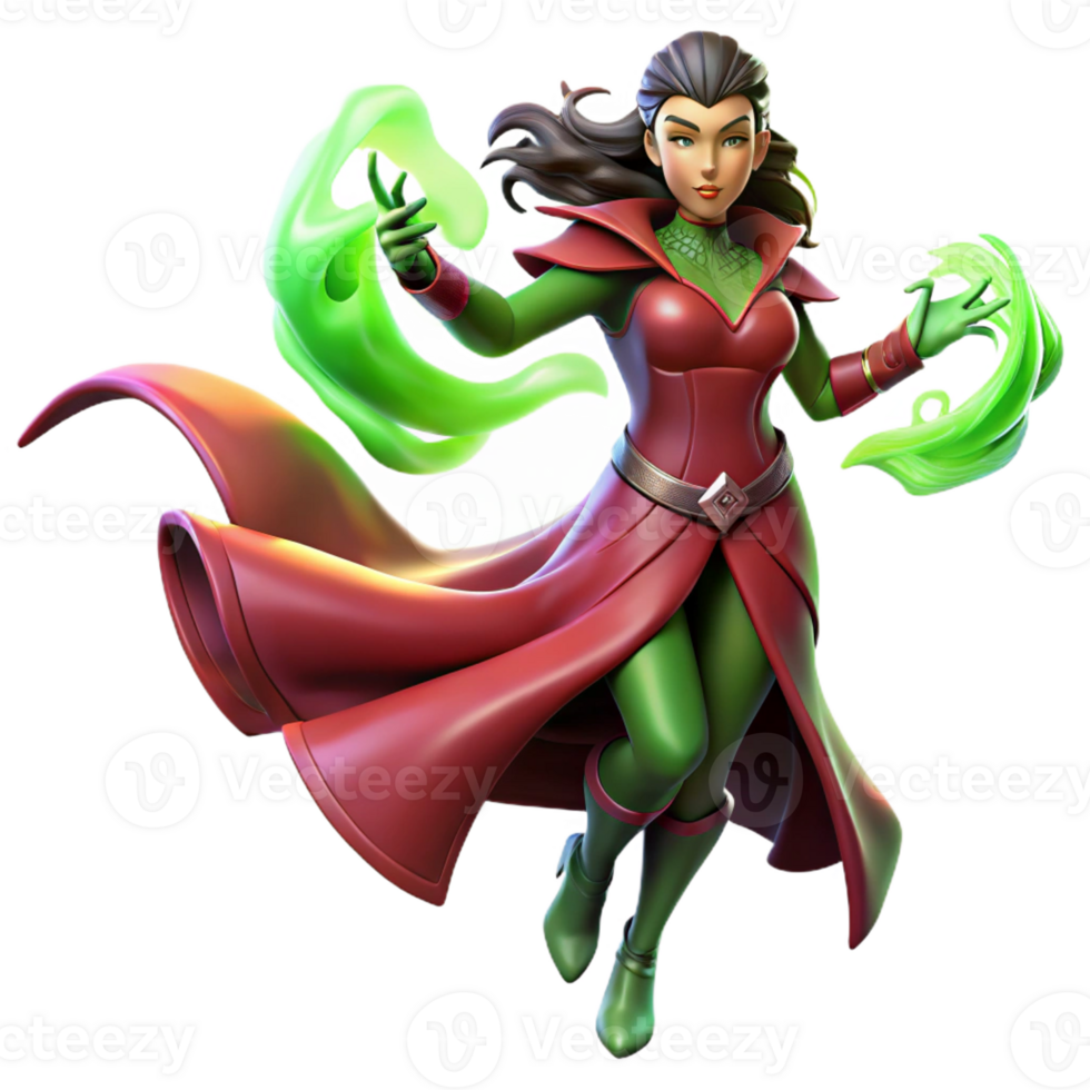 elegant artistic A powerful sorceress with flowing crimson robes, casting a spell of swirling green energy. Dynamic, spotlight lighting. Comic book style exclusive png