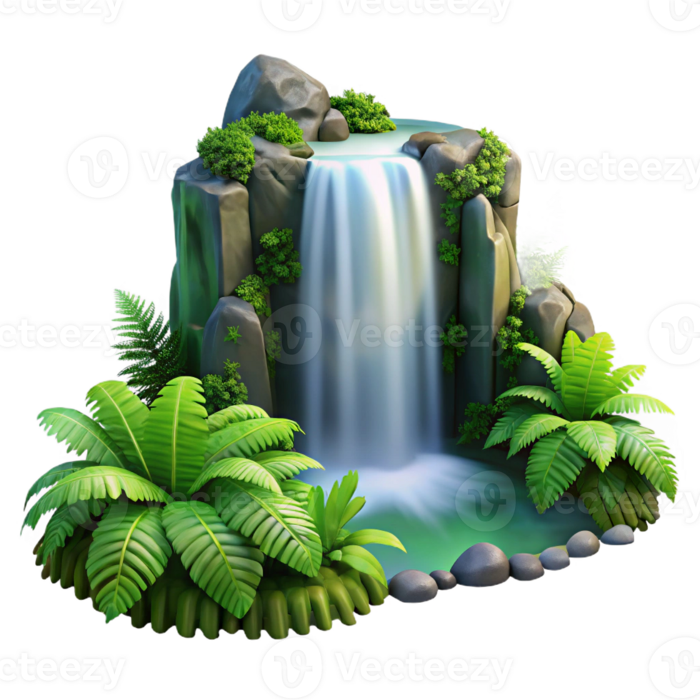 elegant modern A cascading waterfall surrounded by lush green ferns, long exposure photography, romantic style detailed png