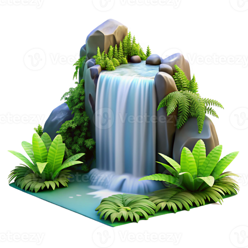 vibrant rustic A cascading waterfall surrounded by lush green ferns, long exposure photography, romantic style exclusive png