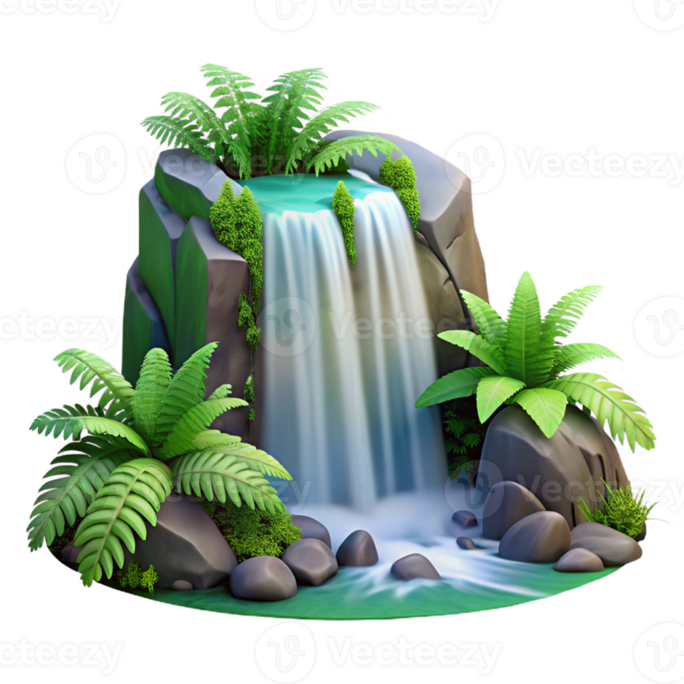 extraordinary artistic A cascading waterfall surrounded by lush green ferns, long exposure photography, romantic style original png