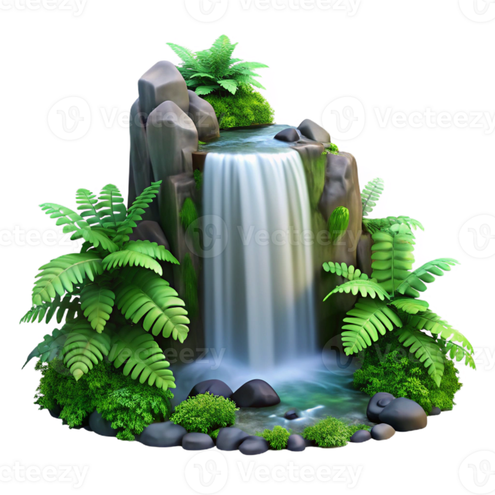 magnificent contemporary A cascading waterfall surrounded by lush green ferns, long exposure photography, romantic style exclusive png