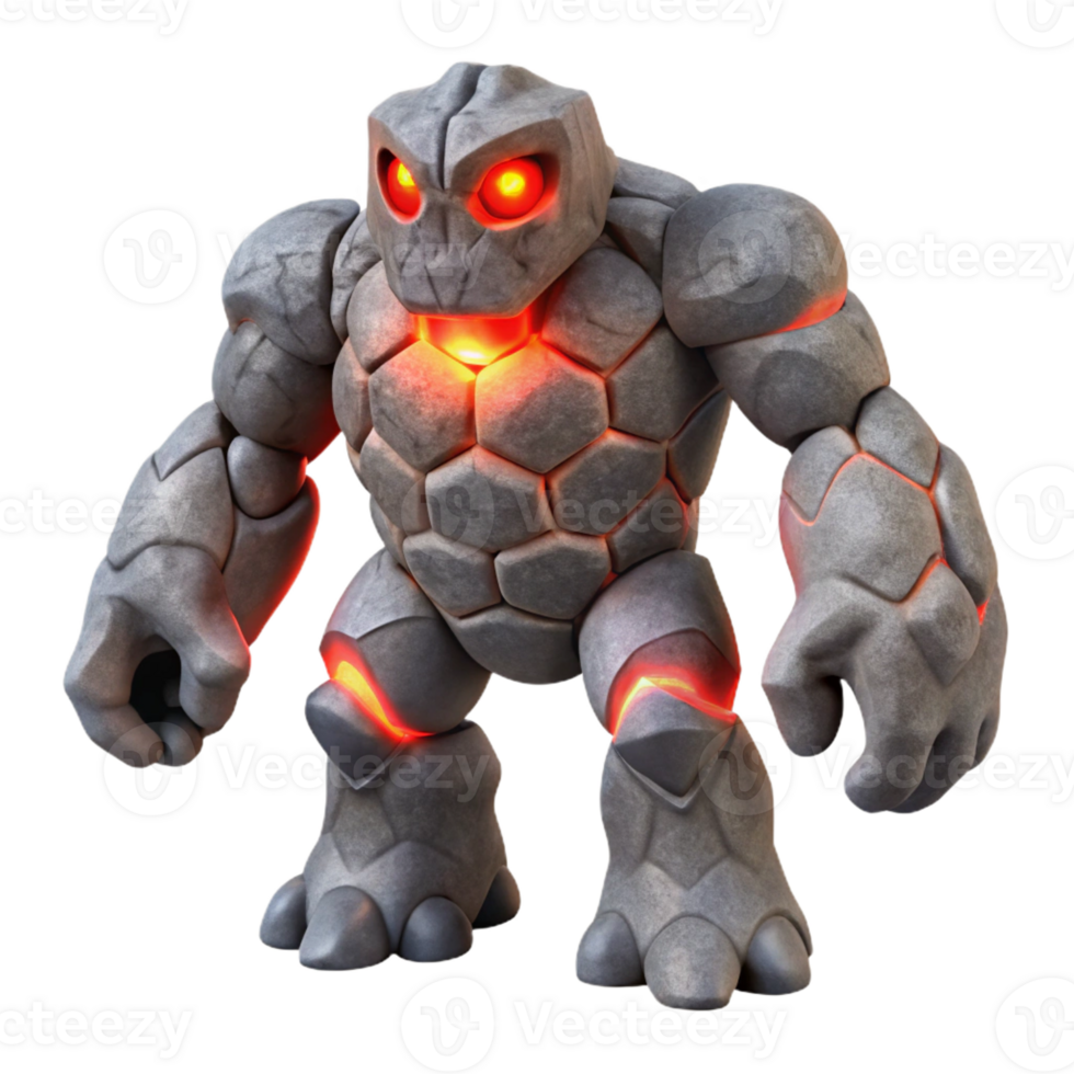 serene rustic A towering stone golem with glowing red eyes, emerging from the earth. Dark, ominous lighting. Surrealist style 4K png