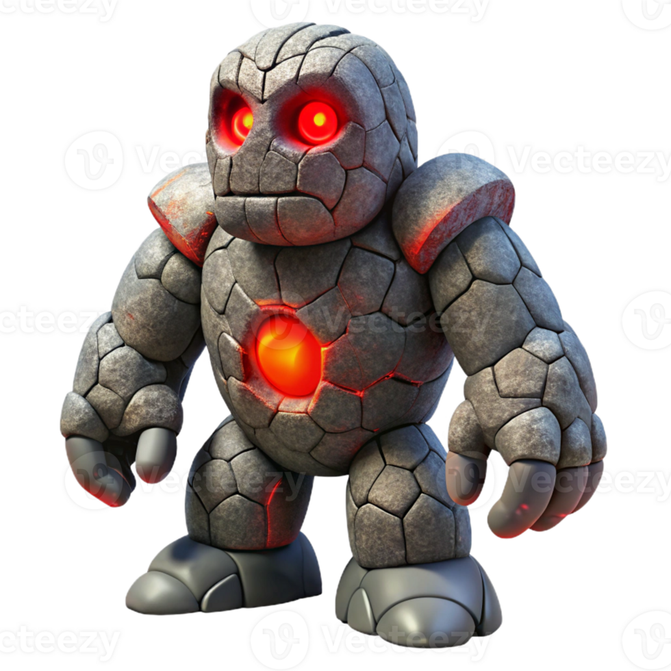 elegant classic A towering stone golem with glowing red eyes, emerging from the earth. Dark, ominous lighting. Surrealist style high quality png