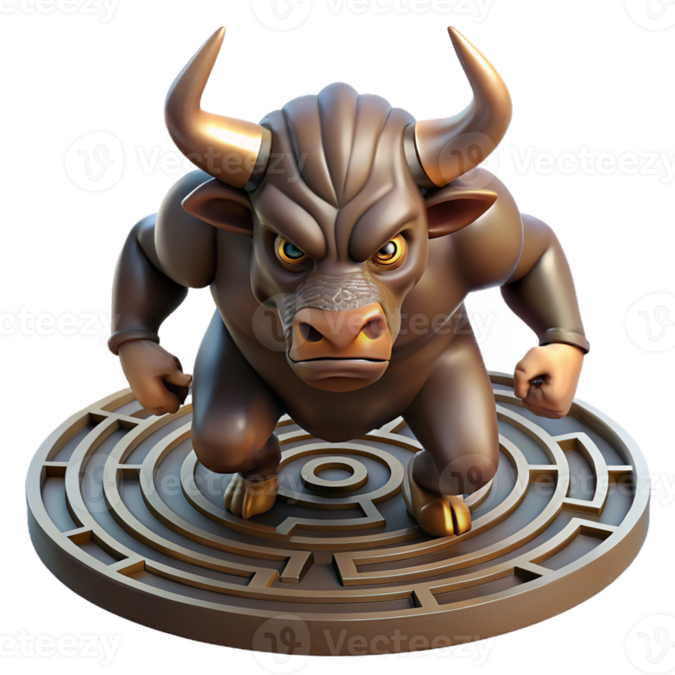 impressive classic A fearsome minotaur with horns of polished bronze, charging through a labyrinth. Dark, dramatic lighting. Baroque style high quality png