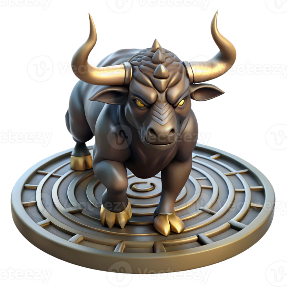 wonderful modern A fearsome minotaur with horns of polished bronze, charging through a labyrinth. Dark, dramatic lighting. Baroque style detailed png