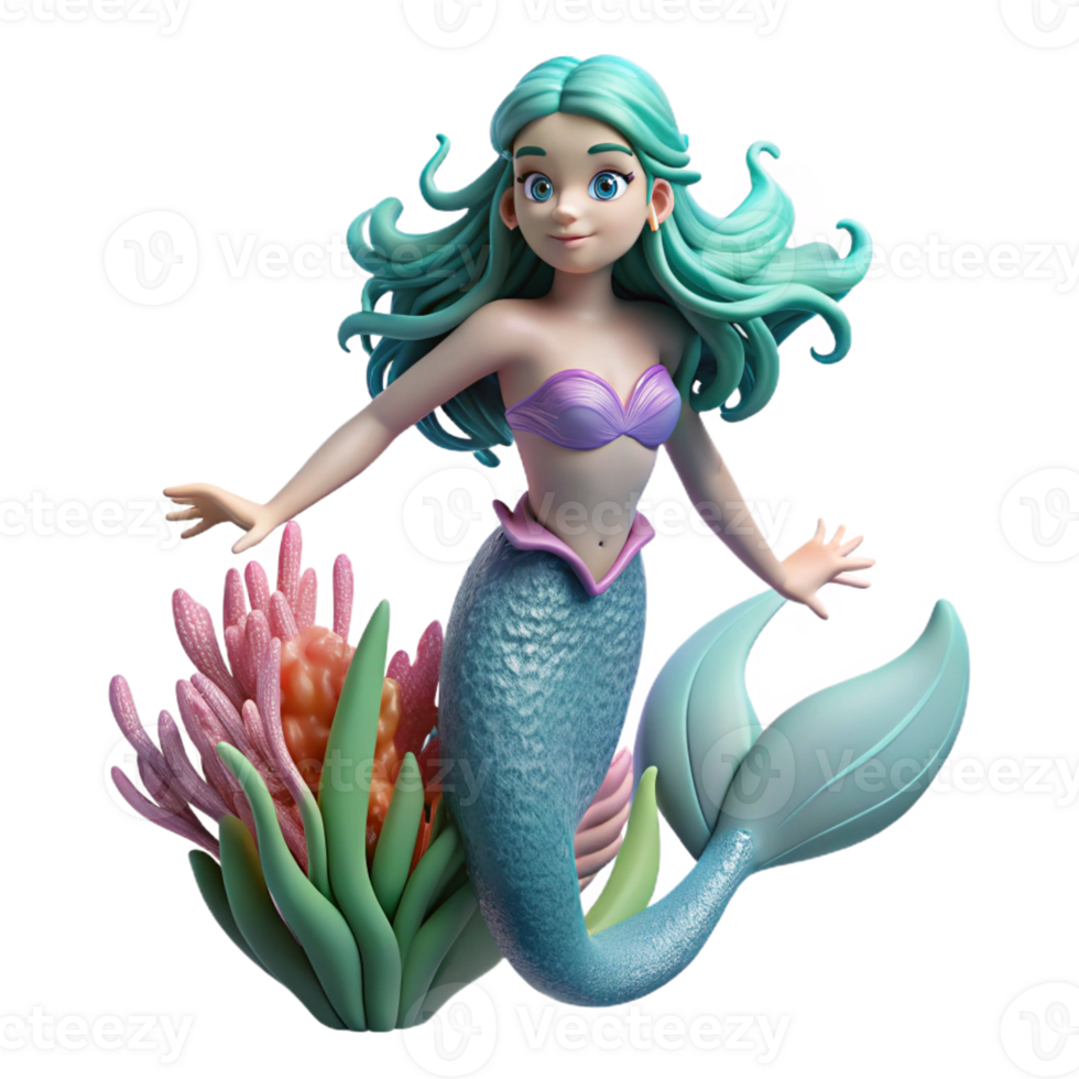 elegant contemporary A beautiful mermaid with scales of pearl and flowing seaweed hair, swimming through a coral reef. Bright, underwater lighting. Realistic style high quality png