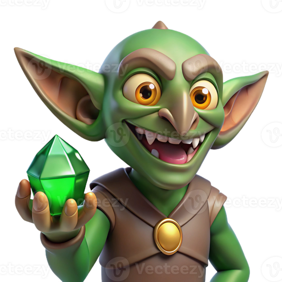 wonderful contemporary A cunning goblin with sharp teeth and glowing green eyes, clutching a stolen jewel. Dark, shadowy lighting. Caricature style 4K png