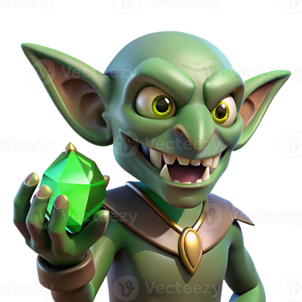 elegant artistic A cunning goblin with sharp teeth and glowing green eyes, clutching a stolen jewel. Dark, shadowy lighting. Caricature style original png