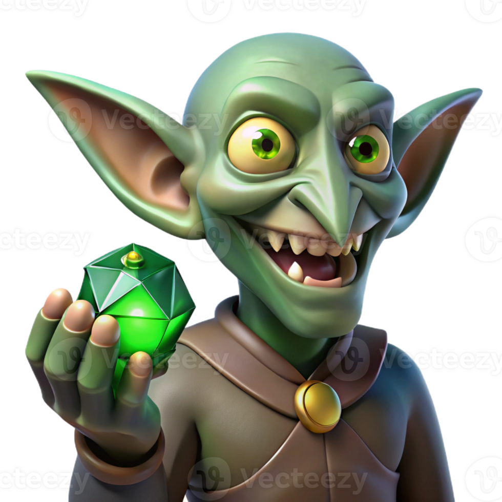 serene creative A cunning goblin with sharp teeth and glowing green eyes, clutching a stolen jewel. Dark, shadowy lighting. Caricature style premium png