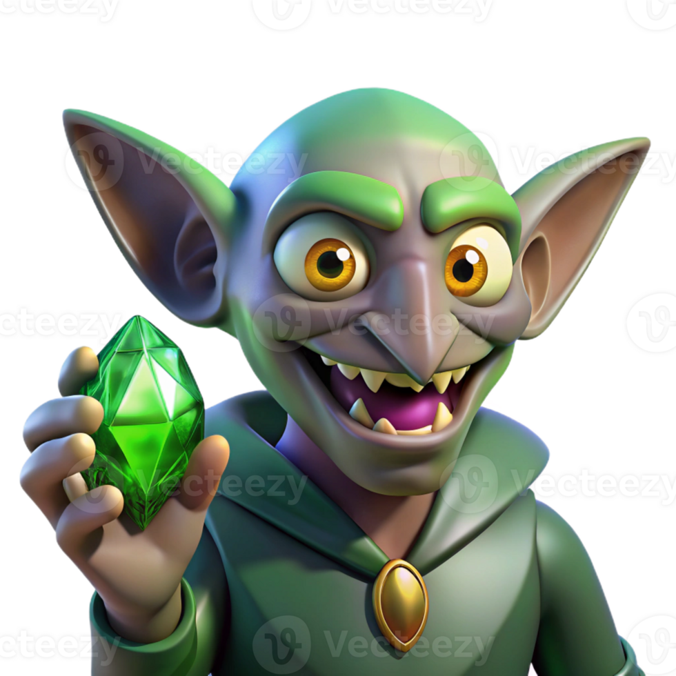 vibrant creative A cunning goblin with sharp teeth and glowing green eyes, clutching a stolen jewel. Dark, shadowy lighting. Caricature style detailed png