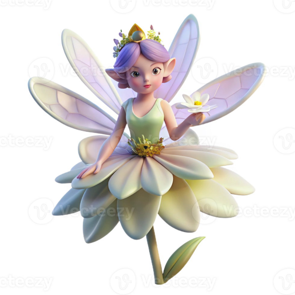 dramatic artistic A delicate fairy with wings of gossamer and a crown of wildflowers, hovering over a dew-kissed flower. Soft, ethereal lighting. Pre-Raphaelite style high quality png