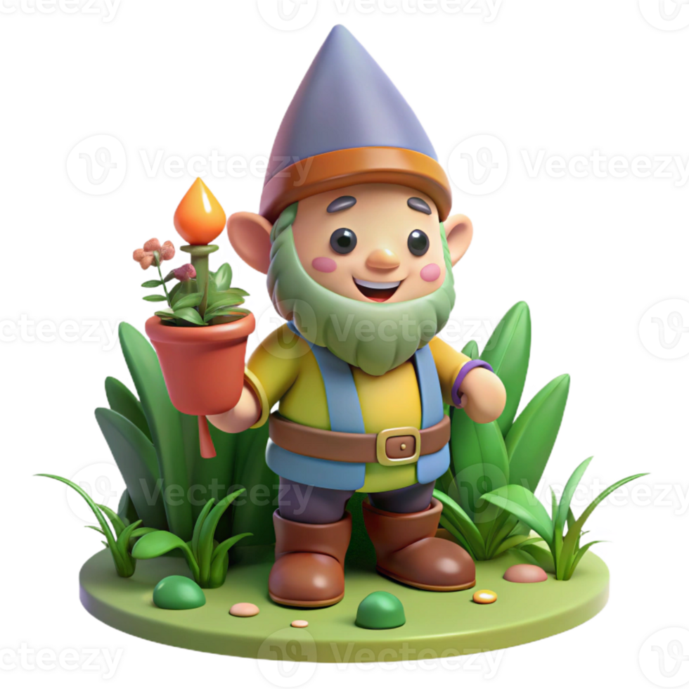 elegant creative A whimsical gnome with a pointed hat and a cheerful smile, tending to a magical garden. Bright, cheerful lighting. Cartoon style exclusive png