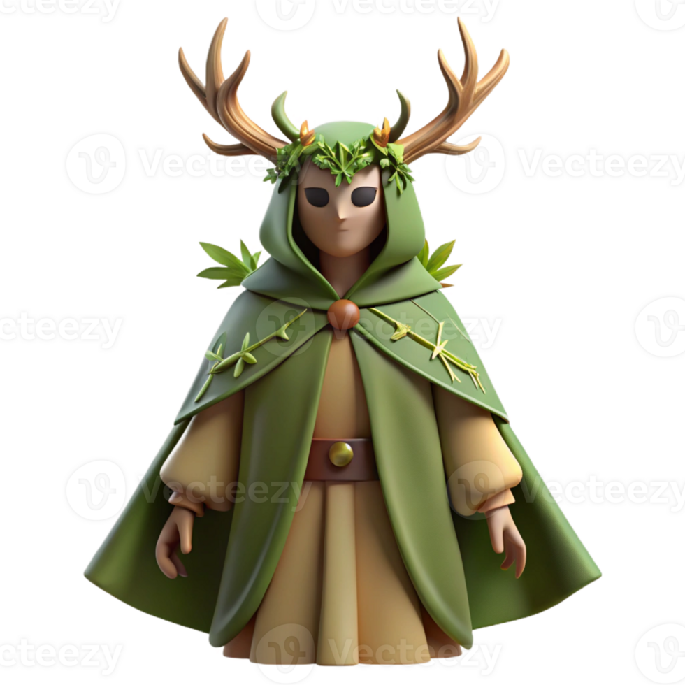 dramatic creative A mysterious druid with antlers and a cloak of woven leaves, standing in a sacred grove. Soft, dappled sunlight. Celtic style authentic png