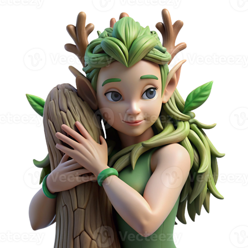 stunning creative A delicate dryad with bark-like skin and leafy hair, embracing a giant tree. Soft, natural lighting. Fantasy realism style exclusive png