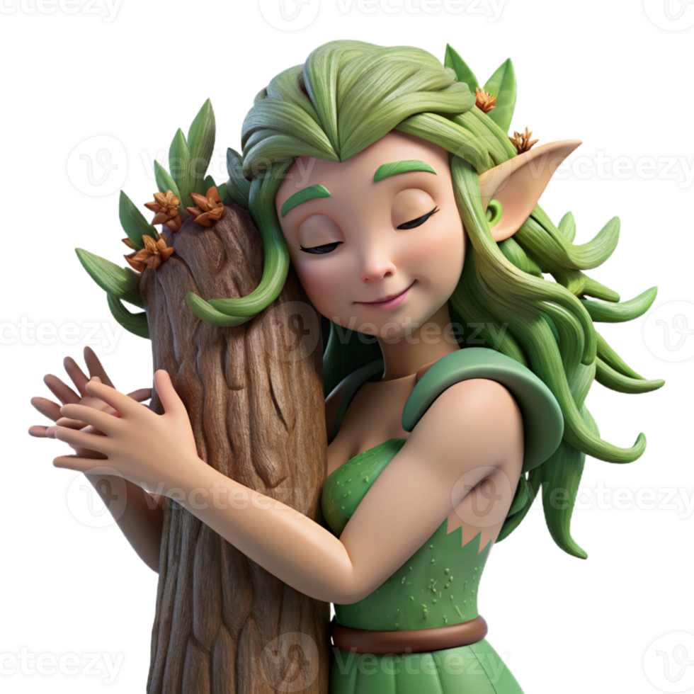 vibrant traditional A delicate dryad with bark-like skin and leafy hair, embracing a giant tree. Soft, natural lighting. Fantasy realism style authentic png