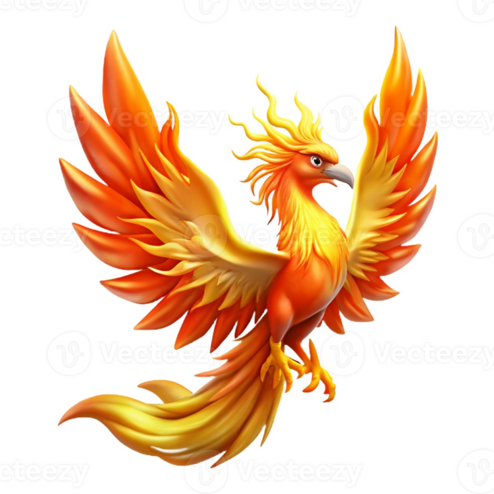 impressive classic A majestic phoenix with feathers of fire and gold, rising from the ashes. Bright, fiery lighting. Symbolic style original png