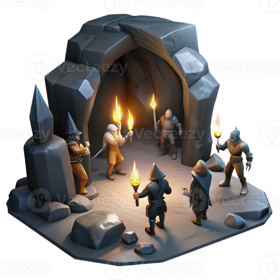 vibrant traditional A group of adventurers exploring a dark and mysterious cave, lit by flickering torches. Dramatic, chiaroscuro lighting. Dungeon crawler style detailed png