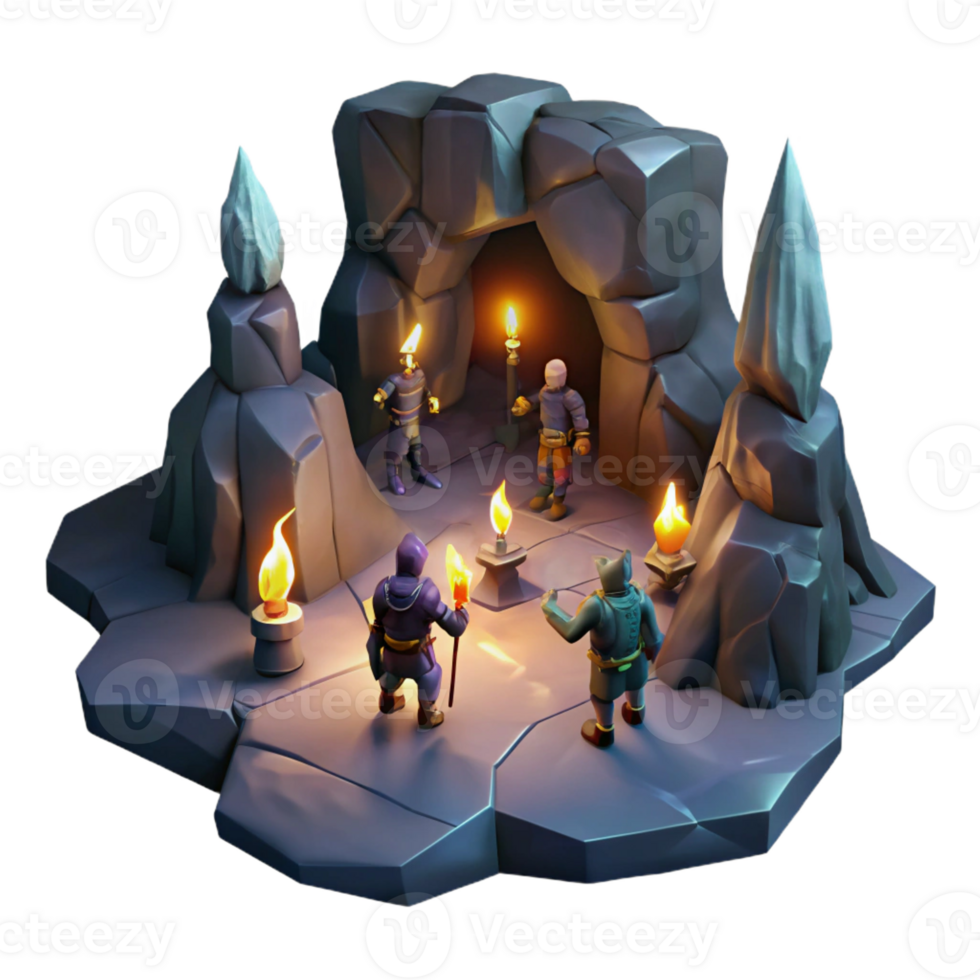 stunning abstract A group of adventurers exploring a dark and mysterious cave, lit by flickering torches. Dramatic, chiaroscuro lighting. Dungeon crawler style premium png