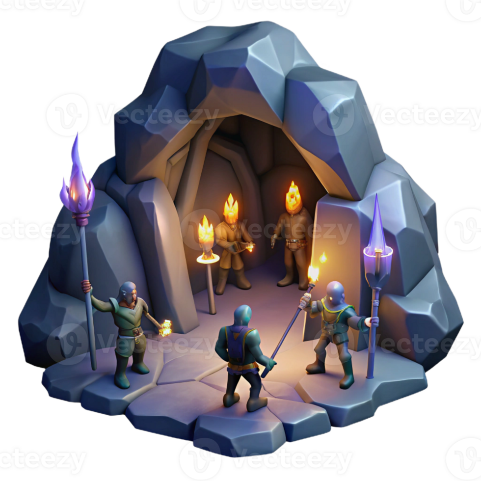 wonderful rustic A group of adventurers exploring a dark and mysterious cave, lit by flickering torches. Dramatic, chiaroscuro lighting. Dungeon crawler style premium png