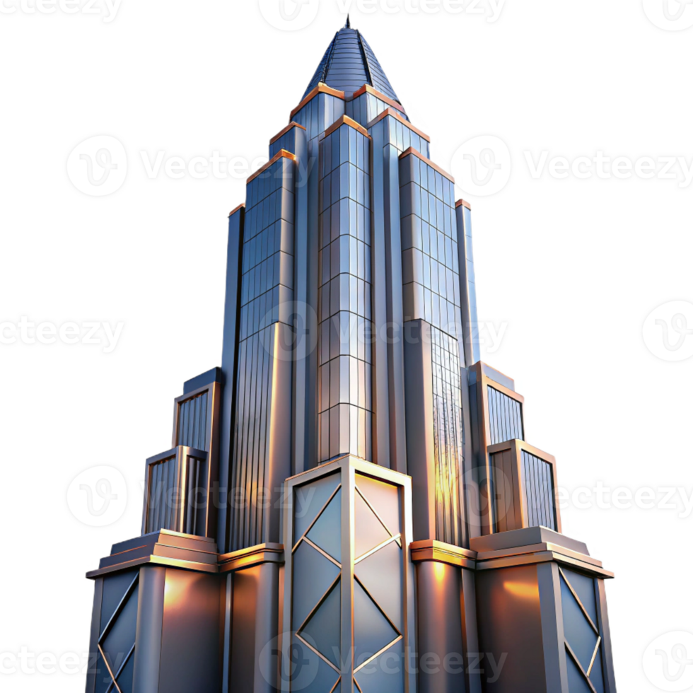 elegant vintage Art Deco skyscraper, chrome and glass, intricate geometric patterns, sharp lines, volumetric lighting, dusk, cinematic angle, professional png