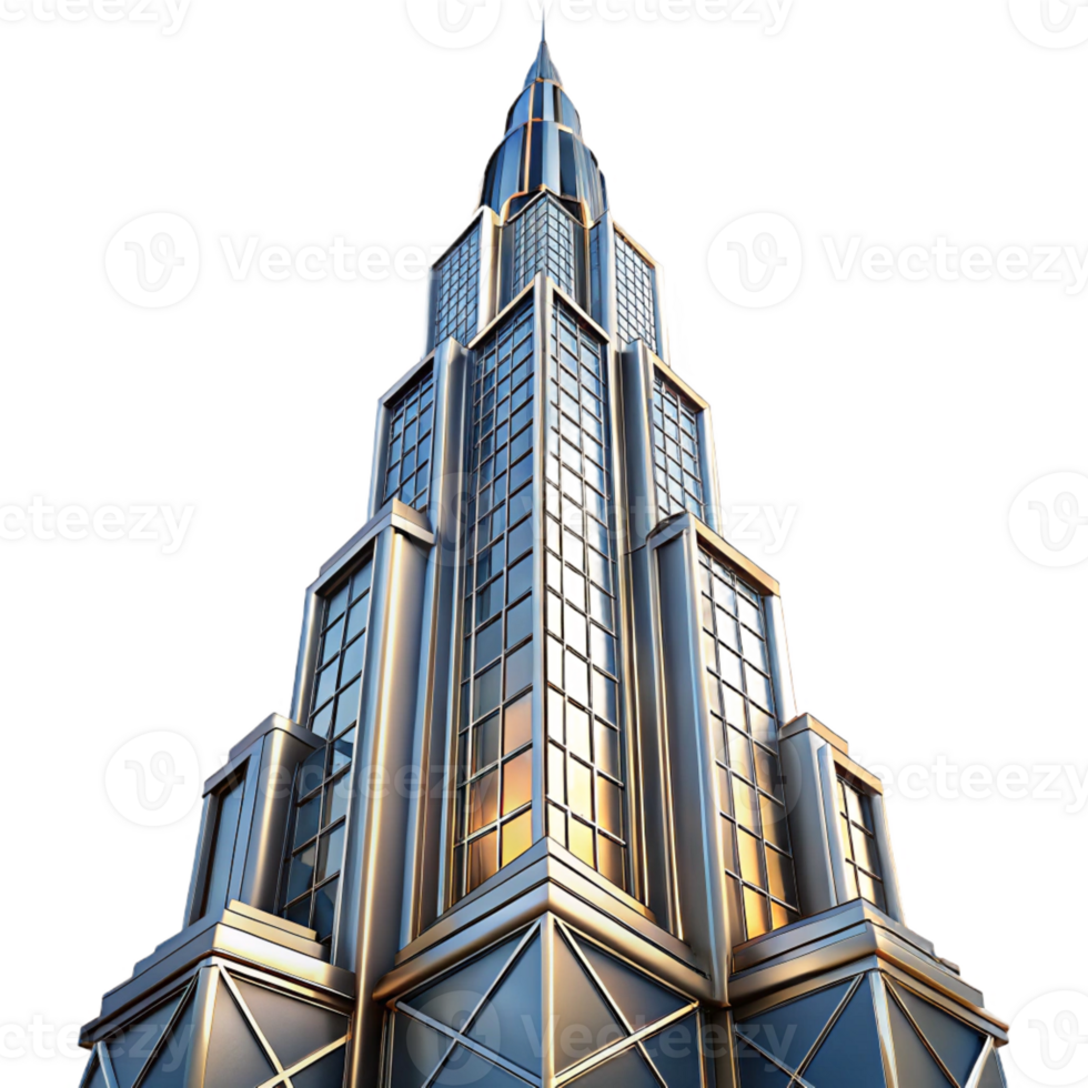 stunning creative Art Deco skyscraper, chrome and glass, intricate geometric patterns, sharp lines, volumetric lighting, dusk, cinematic angle, genuine png