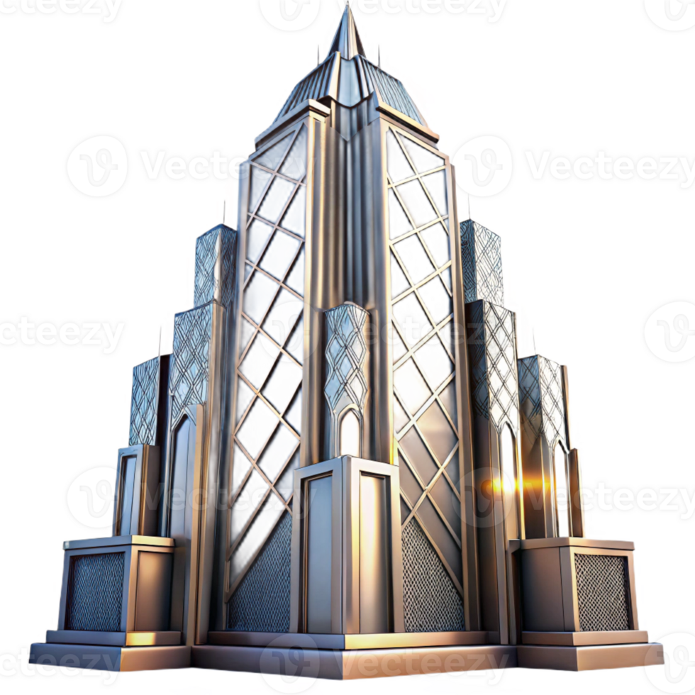 extraordinary contemporary Art Deco skyscraper, chrome and glass, intricate geometric patterns, sharp lines, volumetric lighting, dusk, cinematic angle, high quality png