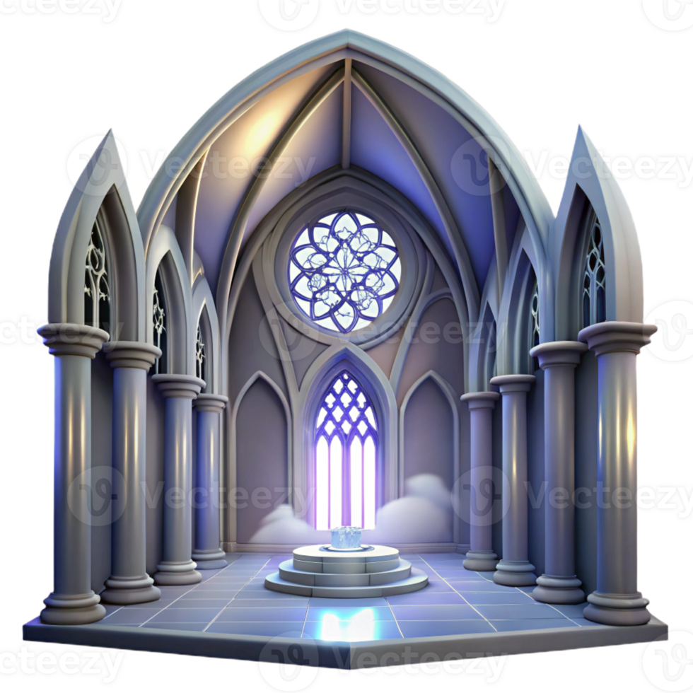 stunning contemporary Gothic cathedral interior, stained glass rose window, shafts of light, dust motes, hyperrealistic, ethereal mood, premium png