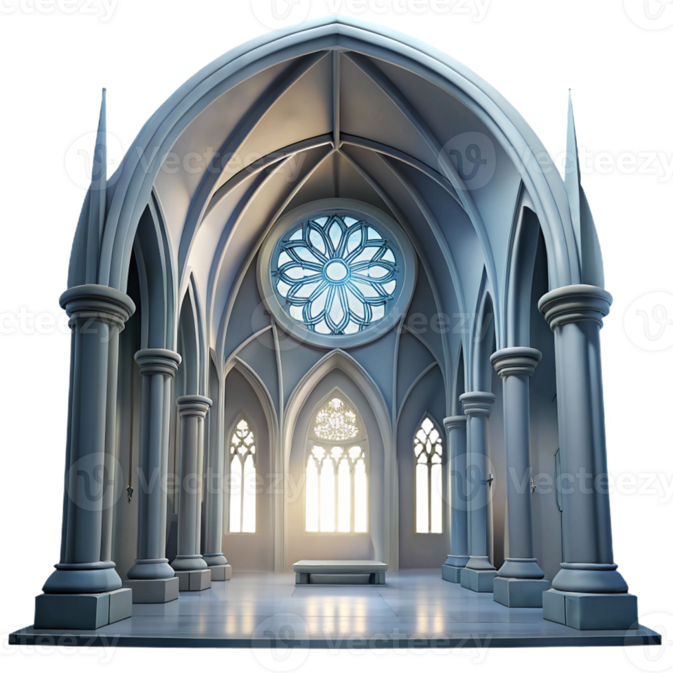 wonderful artistic Gothic cathedral interior, stained glass rose window, shafts of light, dust motes, hyperrealistic, ethereal mood, exclusive png