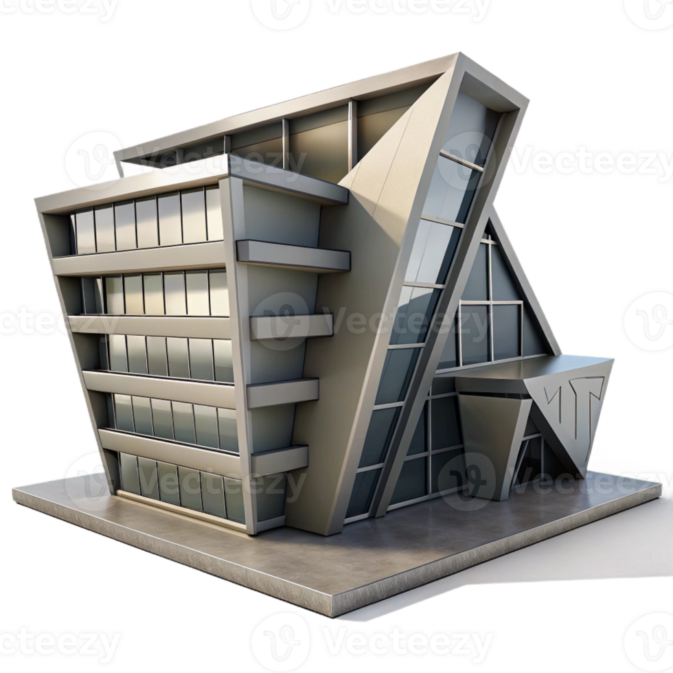 beautiful artistic Deconstructivist office building, tilted planes, intersecting volumes, concrete and steel, dramatic shadows, overcast sky, architectural rendering, genuine png