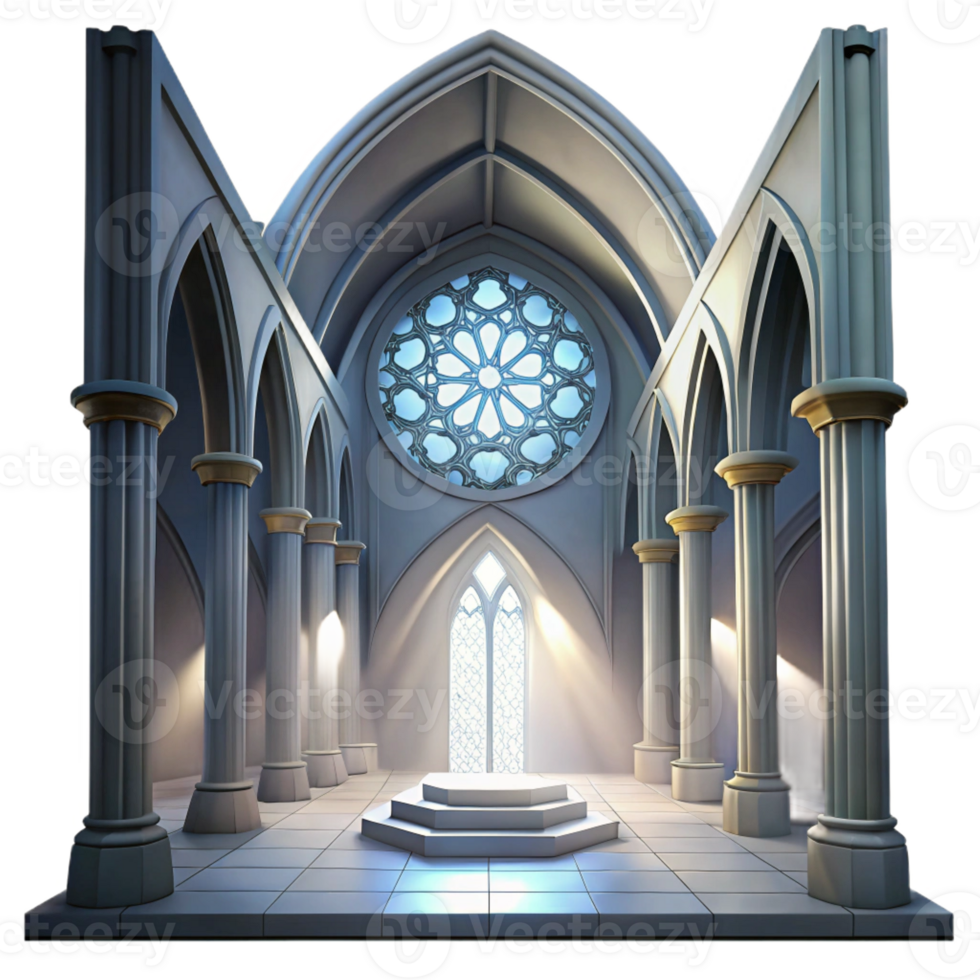 wonderful artistic Gothic cathedral interior, stained glass rose window, shafts of light, dust motes, hyperrealistic, ethereal mood, genuine png