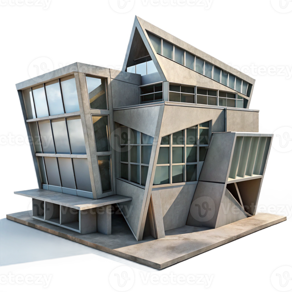 vibrant modern Deconstructivist office building, tilted planes, intersecting volumes, concrete and steel, dramatic shadows, overcast sky, architectural rendering, premium png