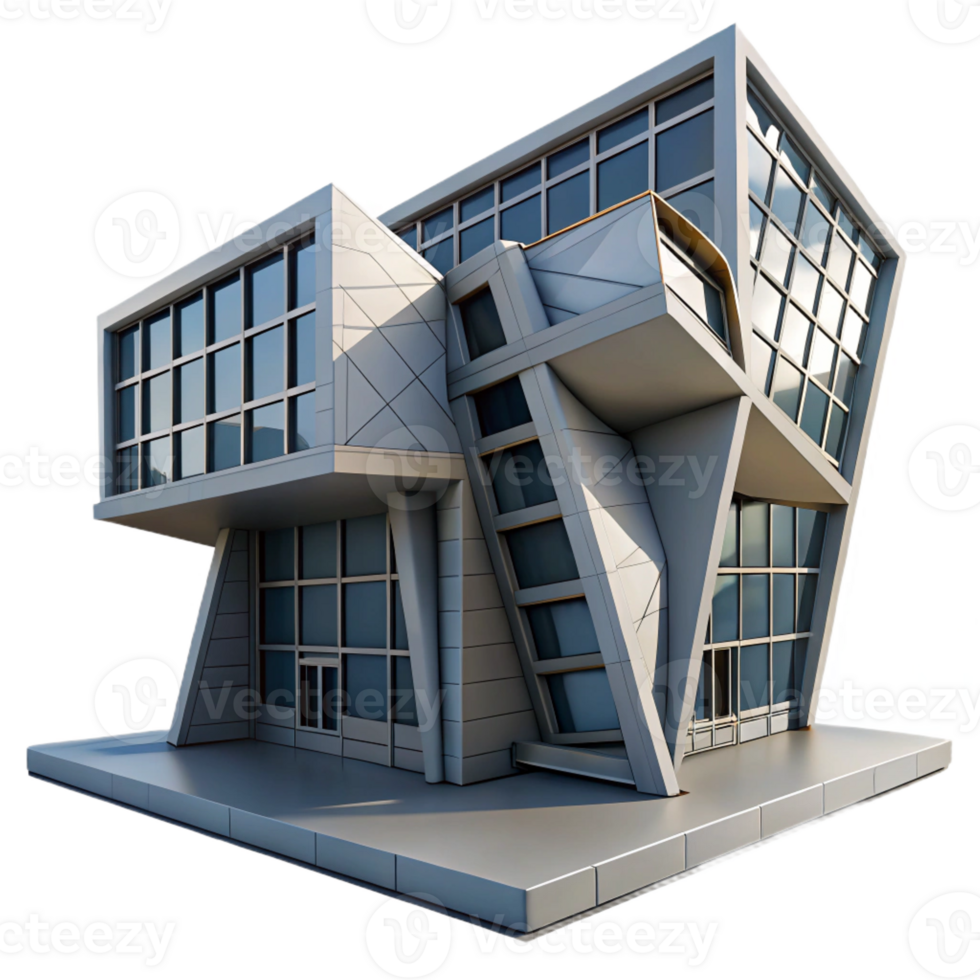 vibrant abstract Deconstructivist office building, tilted planes, intersecting volumes, concrete and steel, dramatic shadows, overcast sky, architectural rendering, high resolution png